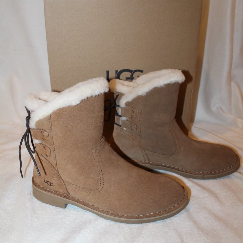 NIB UGG NAIYAH SUEDE SHEARLING LACE UP TIE SHEARLING LINED‎ BOOTIE BOOTS